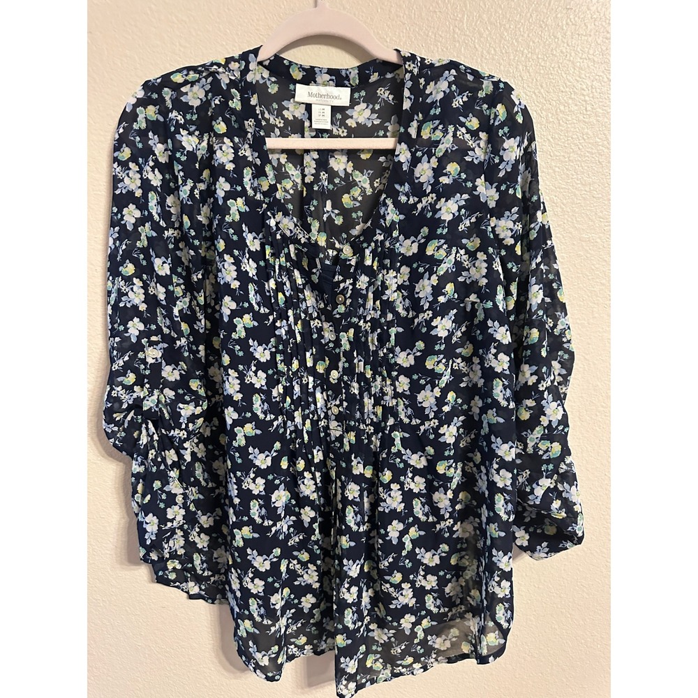 Motherhood Maternity Blouse Floral Print Pleated V Neck‎ Top Size M